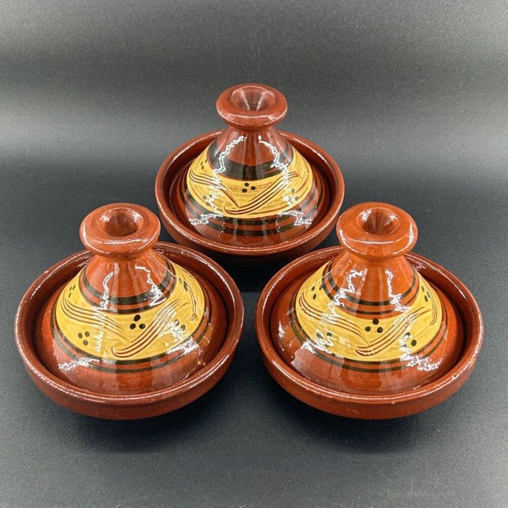 3 Moroccan Tangine Lidded Serv Pots Handcrafted Terra Cotta 5"DIA x 4.5"H x1.5"D